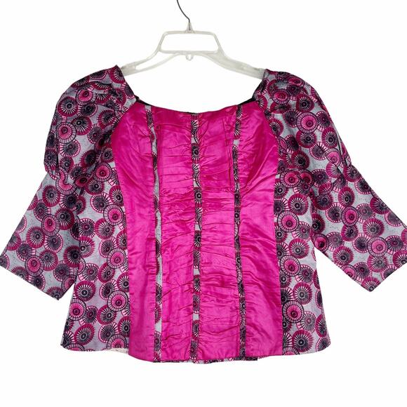 Handmade Top Geometric Circle Print Ruched Bodice Cropped Lined Puffed Sleeves M - Picture 1 of 8